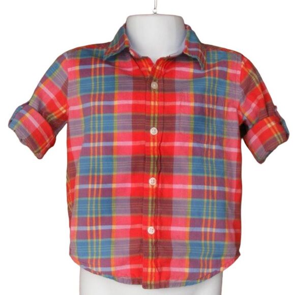 JANIE & JACK Shirt, 18-24mo, Red/blue Plaid Button down, Tab Sleeves, Cotton - Picture 2 of 8